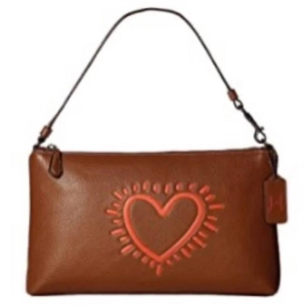 COACH x Keith Haring Leather Large Wristlet 25, Gunmetal/Saddle, NWOT - Picture 2 of 15